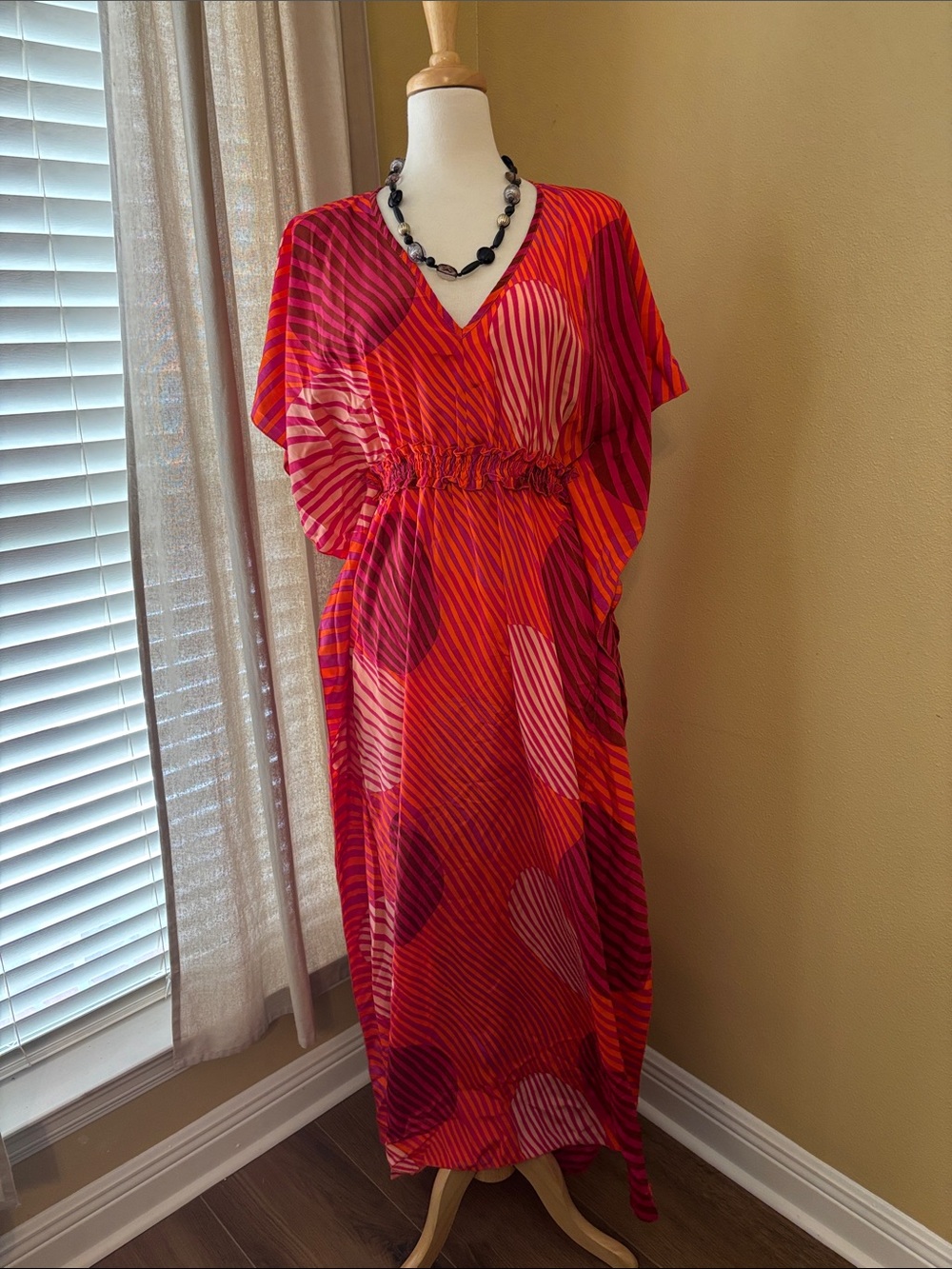 Angie Pink and Orange V-Neck Cinched Waist Maxi Dress